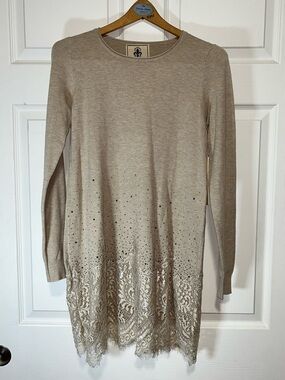Fleur De Lis Living Beige Lace Hem Long Sleeve Sweater Tunic